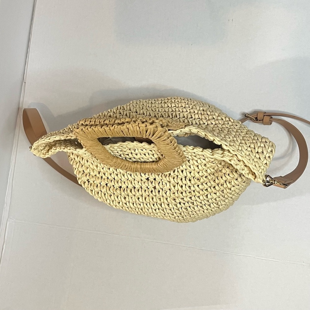 Zara Beige Woven Straw Crossbody Bag with Tan Leather Strap - Picture 7 of 11